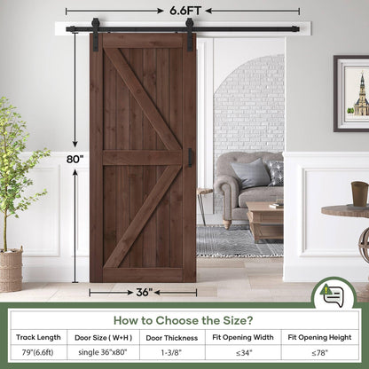 ROYMELO 36x80 inch Sliding Barn Wood Door Slab with 6.6ft Hardware Kit and Handle, Coffee, K Shape, Simple DIY Assembly