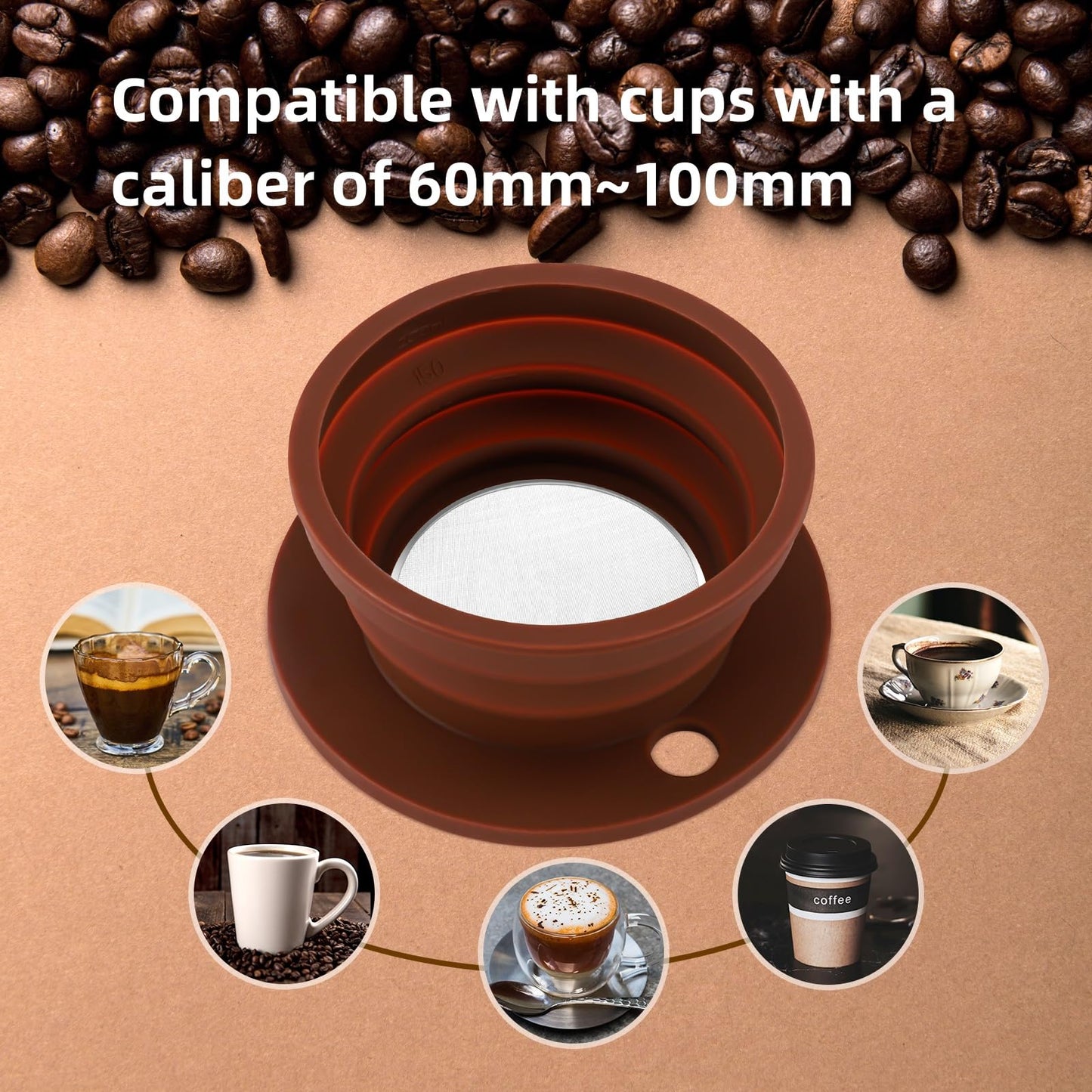 2-Packs Travel Collapsible Paperless Pour Over Coffee Dripper Kit with Stainless Steel Filter, Travel Pour Over Coffee Maker Camping, Silicone Coffee Strainer Pour Over Single Cup (Brown+Black)