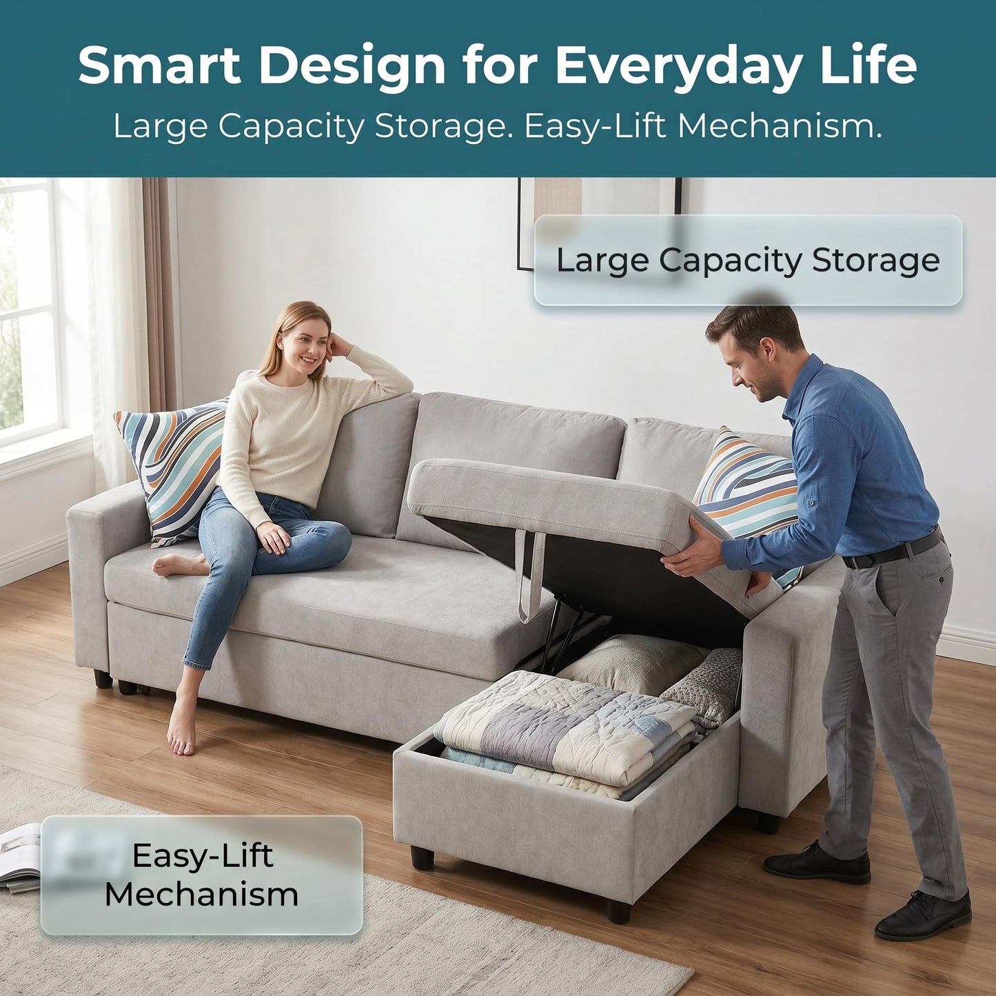 Trygoal Pull Out Couch, L Shaped Sectional Couch with Pull Out Bed, Convertible Sofa Bed with Storage Chaise, Queen Size Sleeper Sofa, Sofa Bed Couch, Sleeper Sofa with Storage, Gray