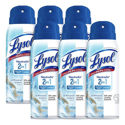 Lysol Neutra Air 2 in 1, Disinfectant Spray, Eliminates Odor, Driftwood Waters, 6 Pack (6x10 oz), Air Freshener