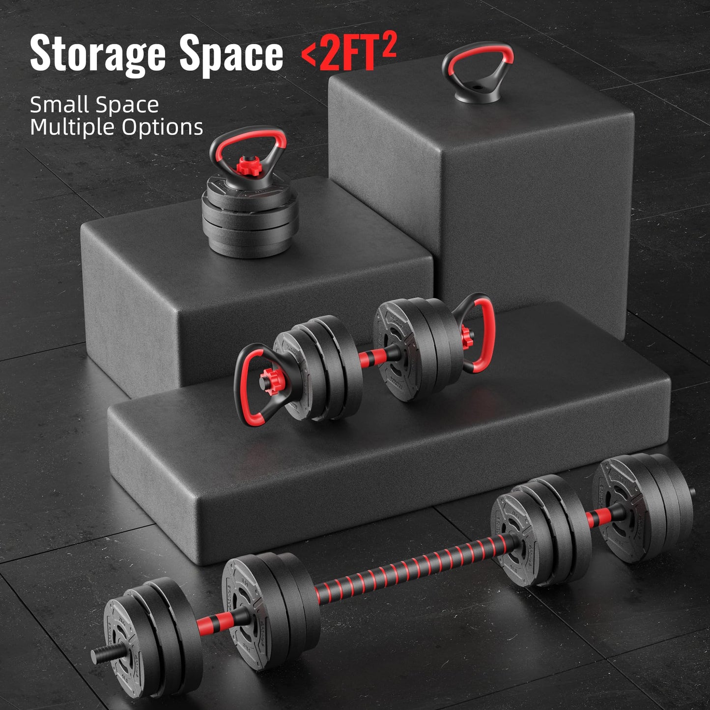 Fitvids Multi-Functional Portable Changeable Dumbbell and Barbell Kettlebell Set with Adjustable Weights, 40LBS or 60LBS Sets, 2-in-1 or 4-in1, Multiple Styles
