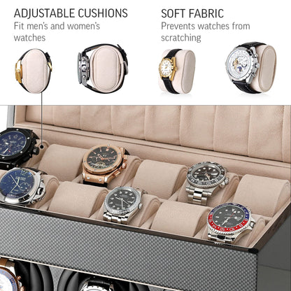 Watch Winder and Storage box for winding 3 Automatic Watches and 12 Watch Storage Space (Carbon + Beige)