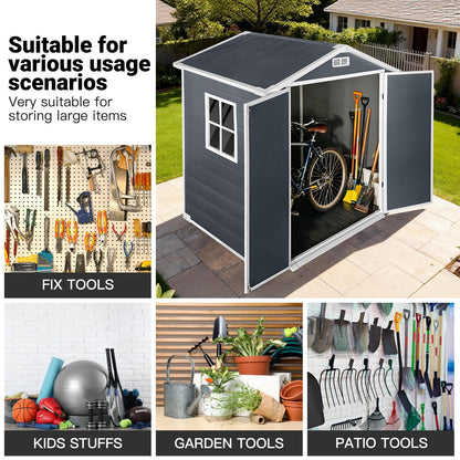 YOPTO 6x4 FT Storage Shed,Plastic Outdoor Storage Shed with Floor and Lockable Door,Waterproof Garden Shed W/Windows & Vents,Sloped Roof,Tool House for Storing Bicycles,Lawnmowers,Cold Grey