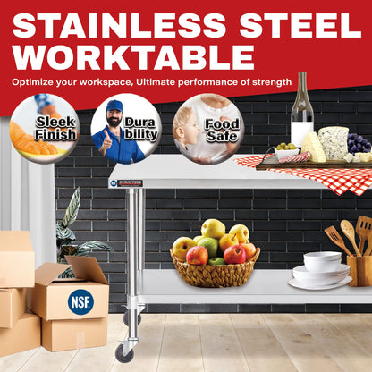 DuraSteel 24x48 NSF Stainless Steel Cart - Heavy Duty Food Prep Table with Undershelf - Rolling Kitchen Island on Wheels for Commercial Restaurant Kitchen, Garage, Outdoor Cooking, BBQ Grill, Counter