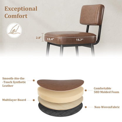 GarveeHome Bar Stools Set of 4, 26" Brown Faux Leather Counter Height Bar Stools with Backs, Modern Upholstered Barstool Chairs with Metal Legs for Kitchen Island, Home Bar, Dining Room