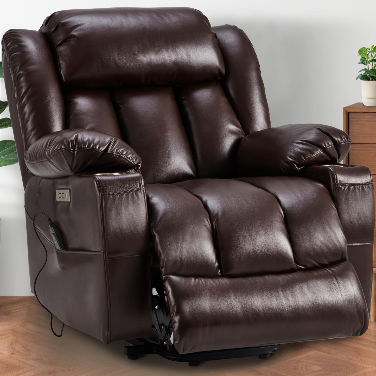 Outspurge Large Power Lift Recliner Leather Chair Sofa with Massage & Heat, Lazy Boy Chair with Cup Holders, USB & Type-C Ports, Remote Control (Brown)