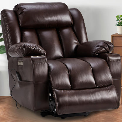 Outspurge Large Power Lift Recliner Leather Chair Sofa with Massage & Heat, Lazy Boy Chair with Cup Holders, USB & Type-C Ports, Remote Control (Brown)