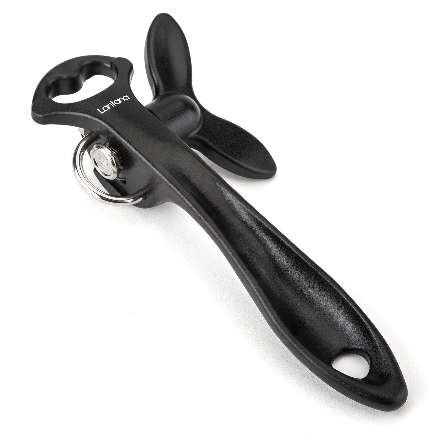 Lantana Smooth Edge Can Opener with Bottle Cap Lifter - Hand Held Manual Safety Tin Opener - Black/Stainless Steel