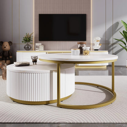 Merax Round Nesting Coffee Table Set of 2 with Storage Drawer and Marbling Tabletop, Perfect for Living Room Apartment, White