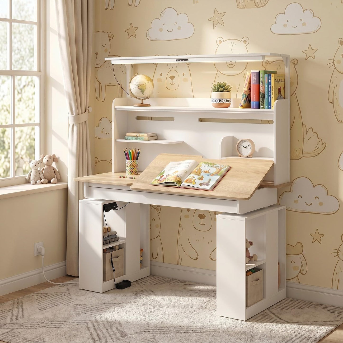 MOUMON 55" Electric Standing Drafting Table with Lights and Tiltable Desktop, Height Adjustable Drawing Table with Memory Presets, Drawer and Side Shelves, White and Oak 55.1" W x 23.6" D x 63"-79" H