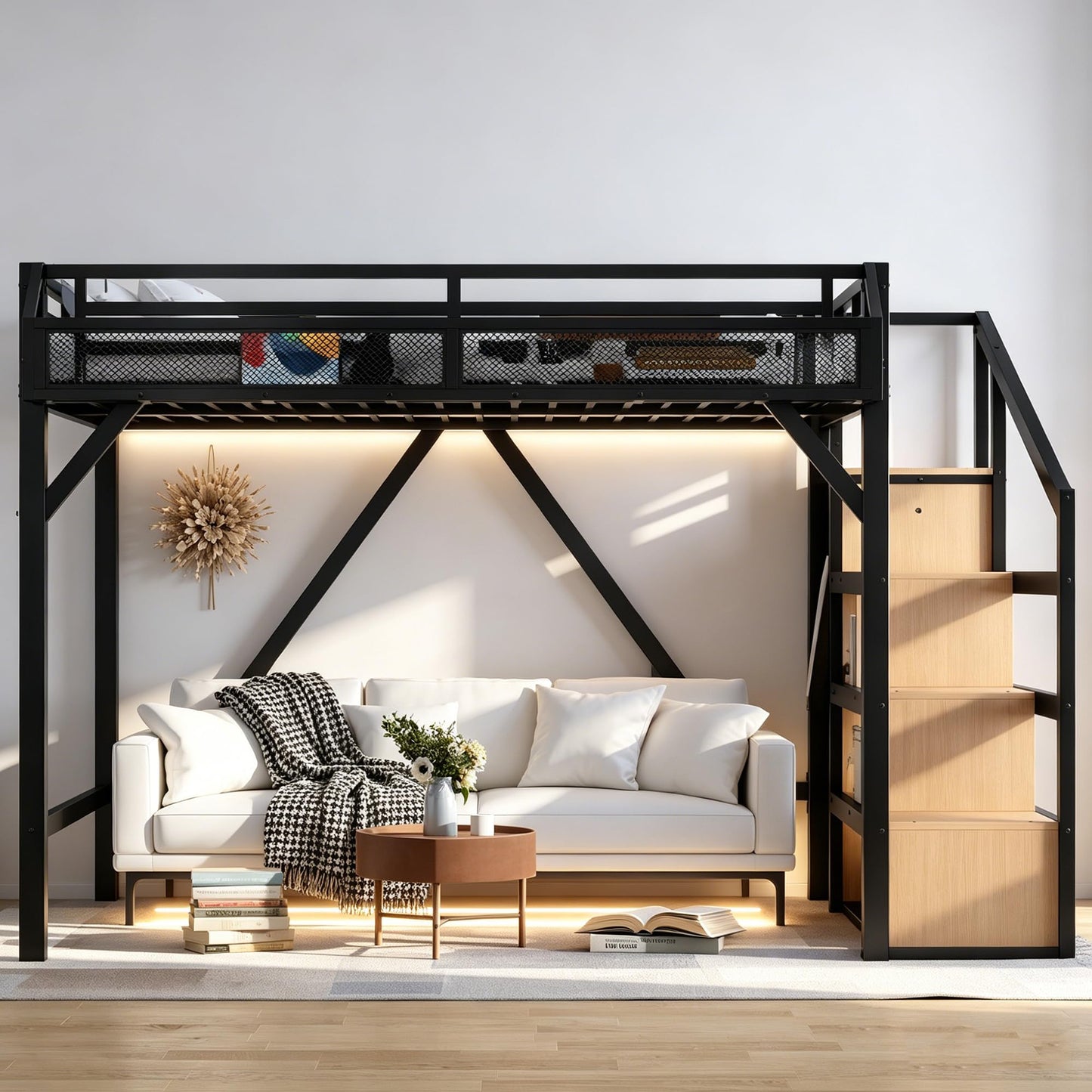 Bellemave Queen Size Loft Bed with Stairs and Wardrobe,Heavy Duty Metal Loft Bed Frame with Shelves,LED Lights and Charging Station for for Kids,Teens,Adults,Natural Wood