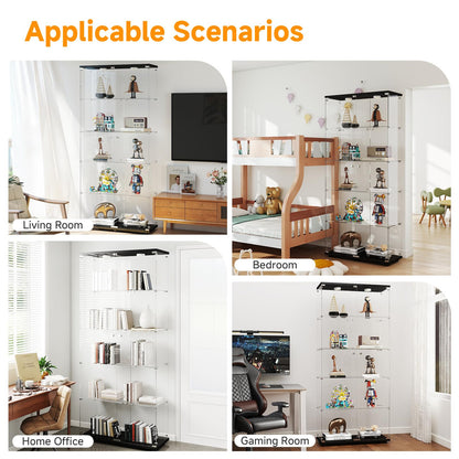 Zevemomo 5-Tier Tempered Glass Display Cabinet with Lights, Curio Cabinet with Glass Doors and Lock, Glass Display Case for Collectibles, for Living Room Bedroom Office, Double Door, Black