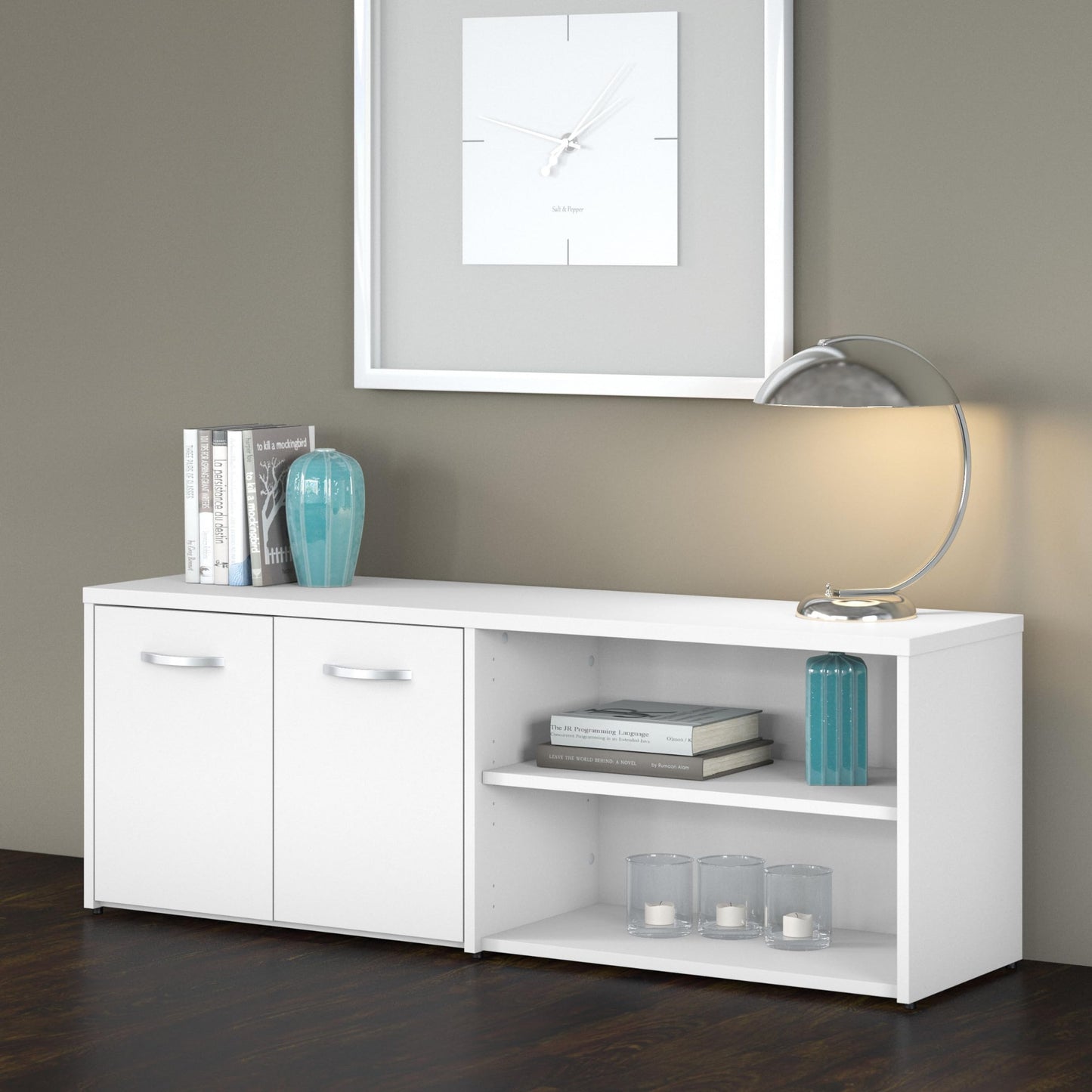 Bush Business Furniture Studio C Low Storage Cabinet with Doors and Shelves in White, Office Organizer for Workspace, Compact Unit