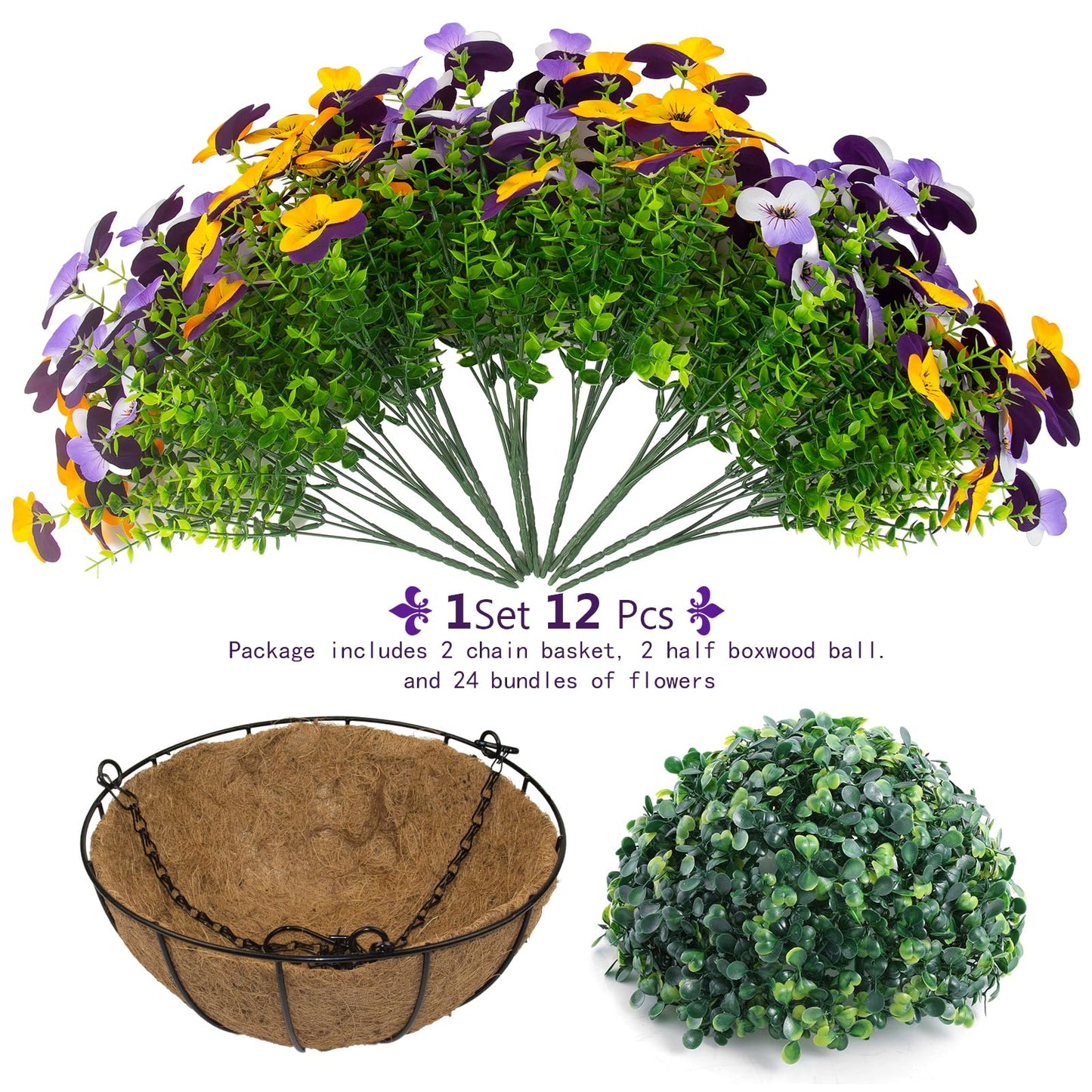 2 Set Artificial Outdoor Pansy Flowers with Hanging Baskets, 2 Hanging Baskets with 24 Pcs Silk Flowers for Spring Easter Decorations Porch Patio Home Decor (2, Purple, Yellow, White, Light Purple)