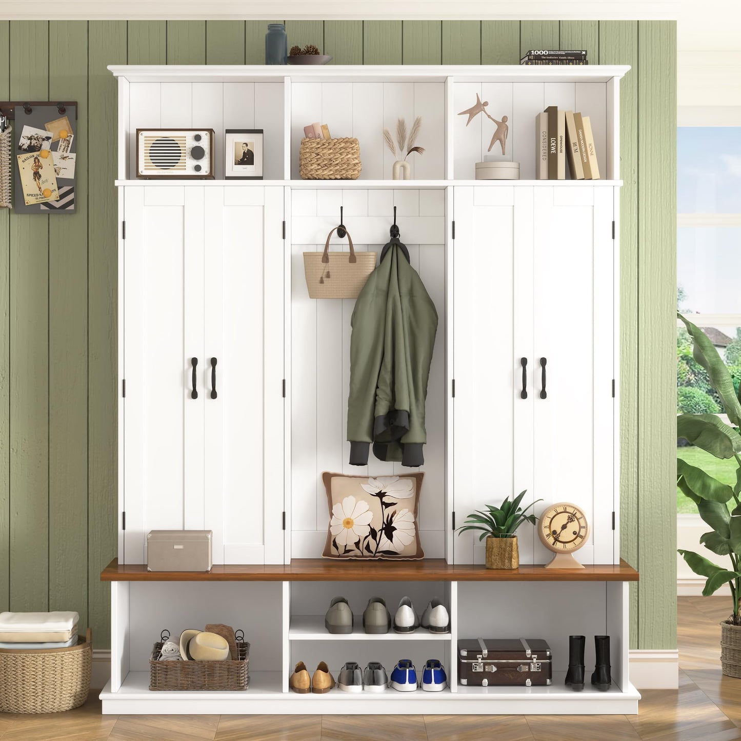 Amposei Farmhouse Hall Tree with Storage Cabinet & Shoe Bench, 78.7''H Tall Entryway Storage Organizer with 4 Doors, 7 Open Cubbies & 6 Coat Hooks for Hallway Mudroom Living Room, White