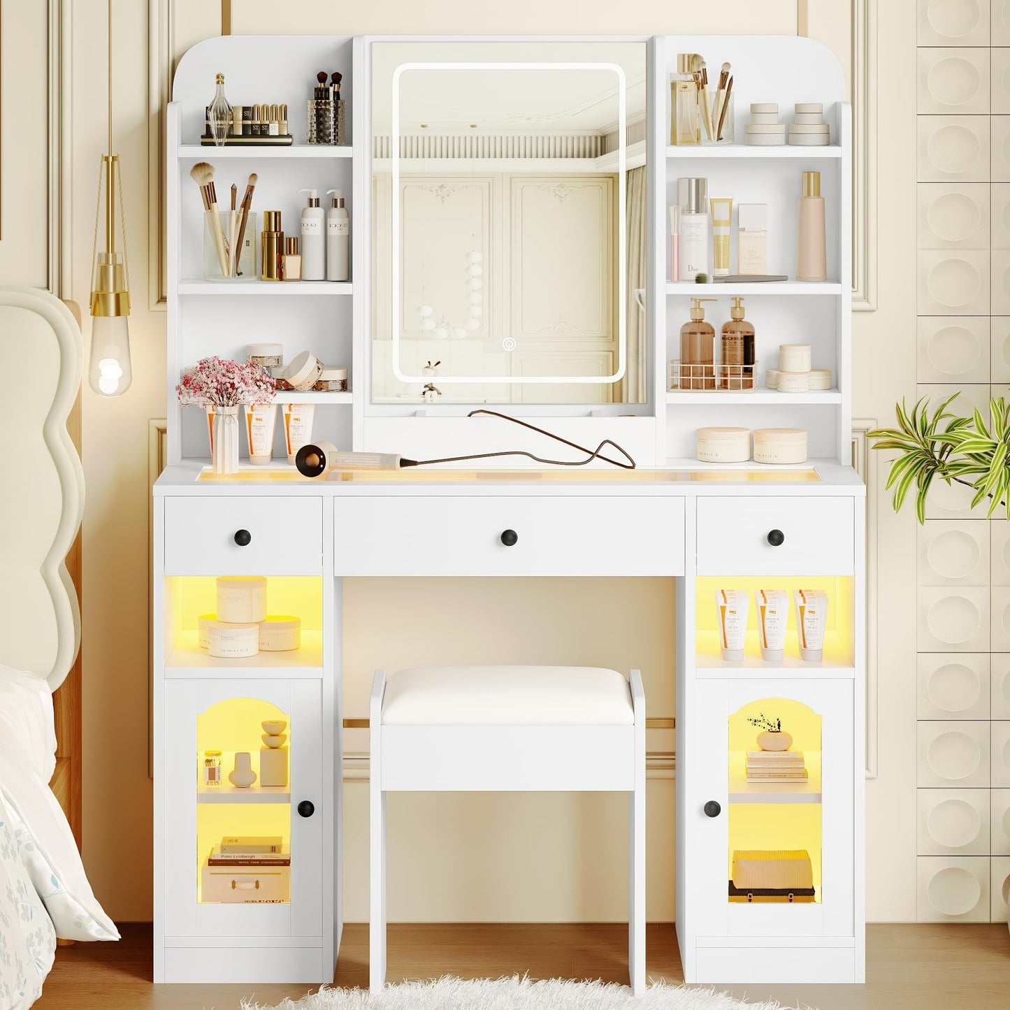 Merax 43.2" Vanity Desk with Mirror and Lights, Glass Top Vanity with RGB Glass Light Cabinets, Dressing Table with 3 Drawers, Storage Shelves and Stool