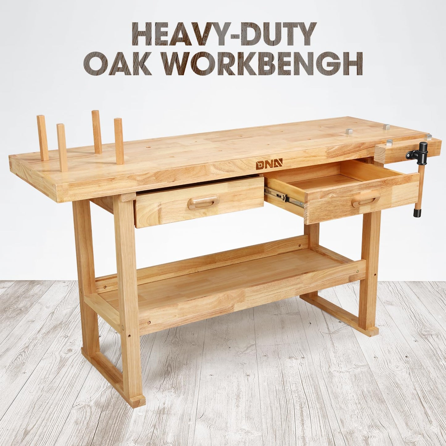 DNA Motoring Heavy Duty Wood Workbench, Wooden Workbench with 2 Drawers for Workshop, Garage, W/Adjustable Handle, TOOLS-00521