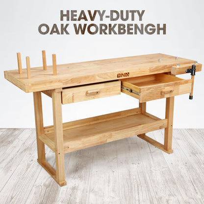 DNA Motoring Heavy Duty Wood Workbench, Wooden Workbench with 2 Drawers for Workshop, Garage, W/Adjustable Handle, TOOLS-00521