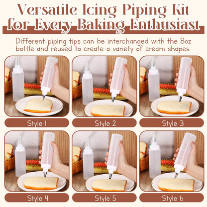 LemonRoad 4 Pcs Piping Bottles for Icing Cookie Decorating Supplies Plastic Squeeze Bottles with 6 Different Piping Tips for Cookie Icing Kit Pancake Squeezing Applicator Writer(8 Oz，4 oz)