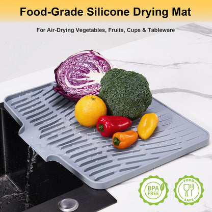 Silicone Dish Drying Mat for Kitchen Counter,Non-Slip Dish Drying Pad with Drain Lip,Heat Resistant Sink drying Mat for Dishes,Large Rubber dish drain mat dish rack mat (Grey,15.8"x13")
