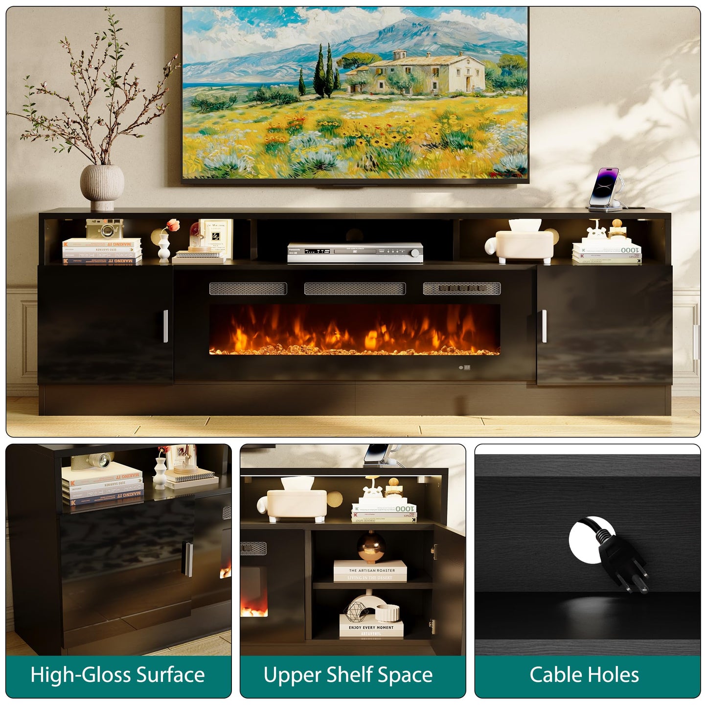 OneBlis 80" Fireplace TV Stand with Power Outlet for TVs UP to 90", Electric Fireplace Entertainment Center with LED Lights & Storage Cabinets, TV Console for Living Room, Office, Black-Black