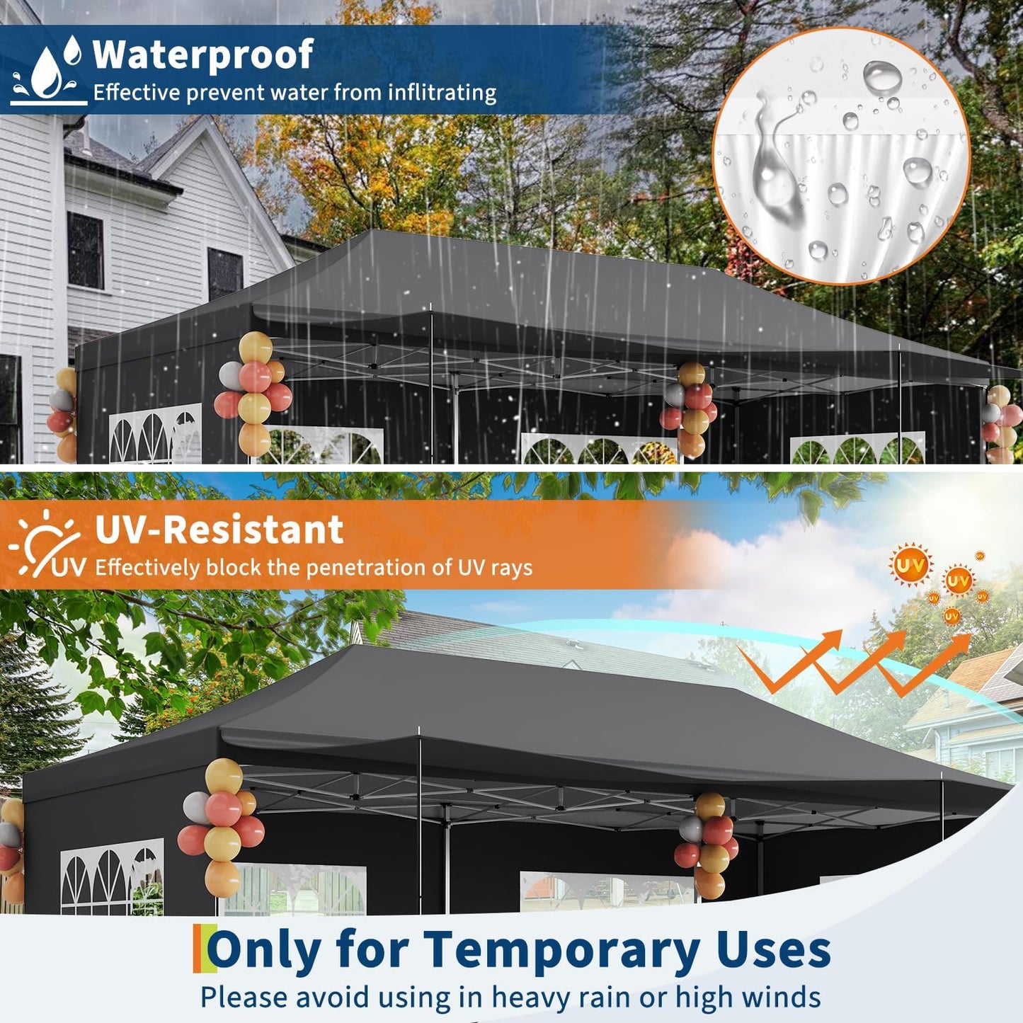 10x20 Pop Up Canopy Tent – Heavy Duty Party Tent with 6 Removable Sidewalls, 6 Sand Bags & Roller Bag, Waterproof UV-Protective Tents for Parties, Adjustable Height Instant Shelter