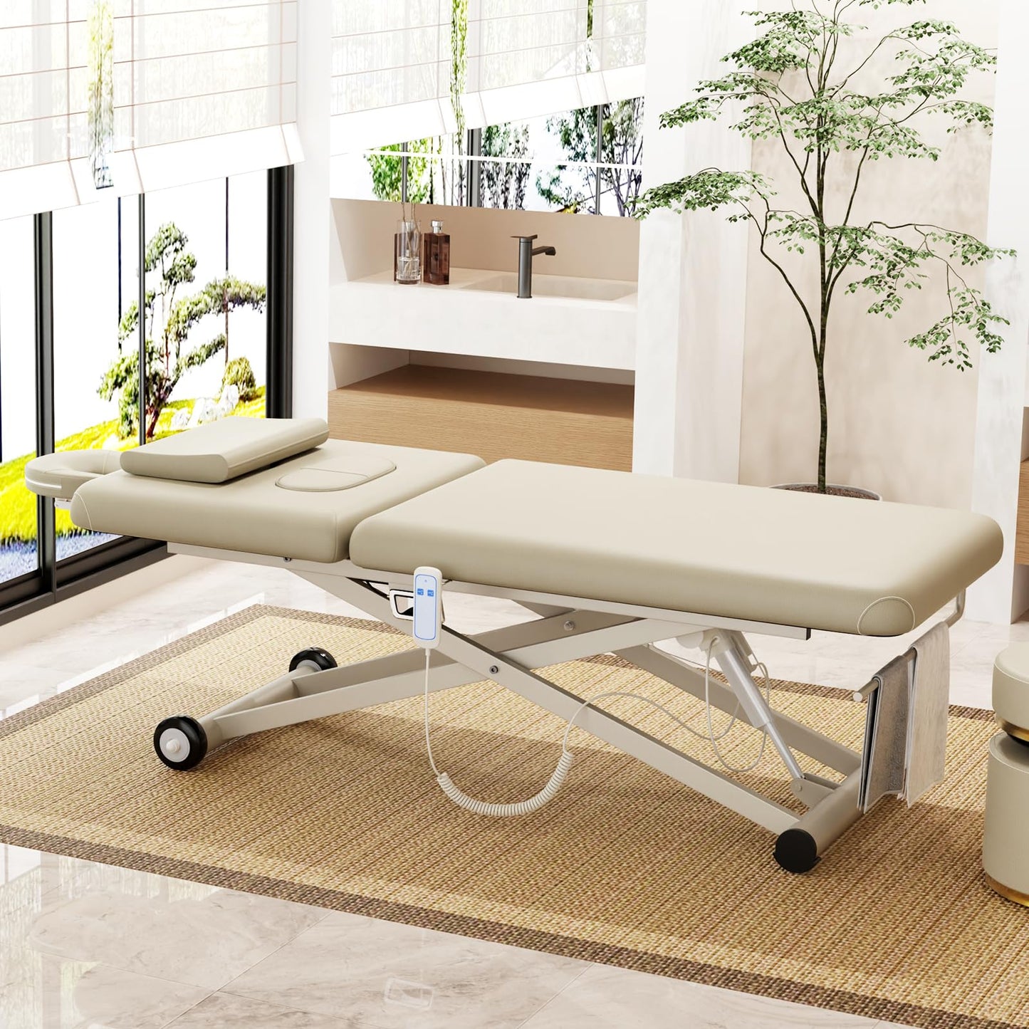 pouseayar Heavy Duty Electric Massage Table, Electric Lift Motor and Manual Backrest Adjustable for Treatment/Medical Spa/Facial Bed/Beauty Bed and More - 31.2 Wide x 75 Long - Beige Gray
