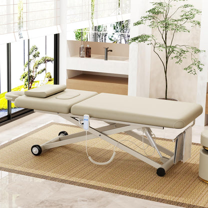 pouseayar Heavy Duty Electric Massage Table, Electric Lift Motor and Manual Backrest Adjustable for Treatment/Medical Spa/Facial Bed/Beauty Bed and More - 31.2 Wide x 75 Long - Beige Gray