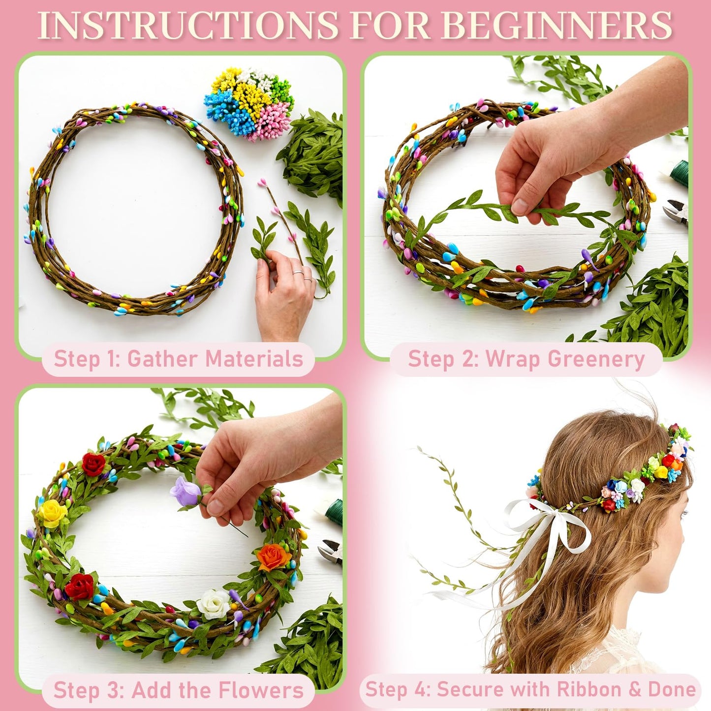 Pattyeer 213Pcs(30 Set) DIY Flower Crowns Making Kit, Handmade Floral Crown Garland Wreath Craft Kit, Make Your Own Flower Hair Accessories Gift for Women