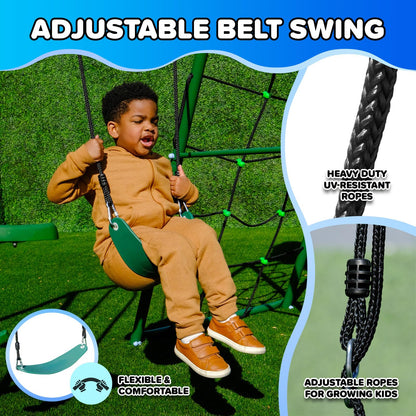 Sportspower Swing Climb and Glide Metal Swing Set 6 in 1: Heavy-Duty A-Frame, Belt Swing, Glider, Saucer, Climbing & Net Ladders (Green)