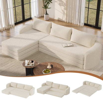 Vesgantti 6 in 1 Convertible Folding Sleeper Sofa Bed, 110.2" Modular Sectional Sofa with Curved Armrest, Chenille Boneless Couch for Living Room, No Assembly Required, Beige, Left Facing Chaise