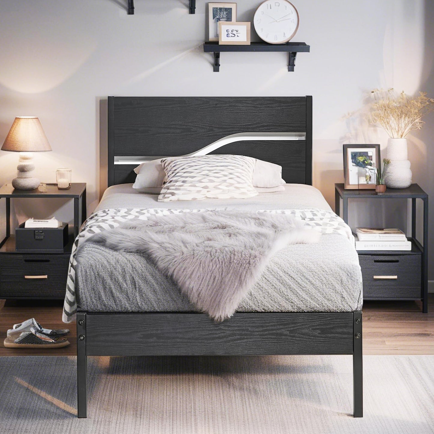 VECELO Twin Size Bed Frame with Wood Headboard, Heavy-Duty Metal Slats Support, Easy Assembly, No Box Spring Needed, Black