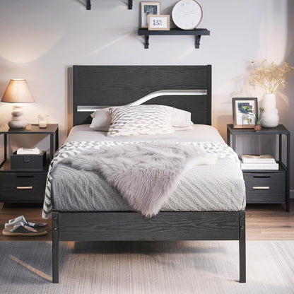 VECELO Twin Size Bed Frame with Wood Headboard, Heavy-Duty Metal Slats Support, Easy Assembly, No Box Spring Needed, Black