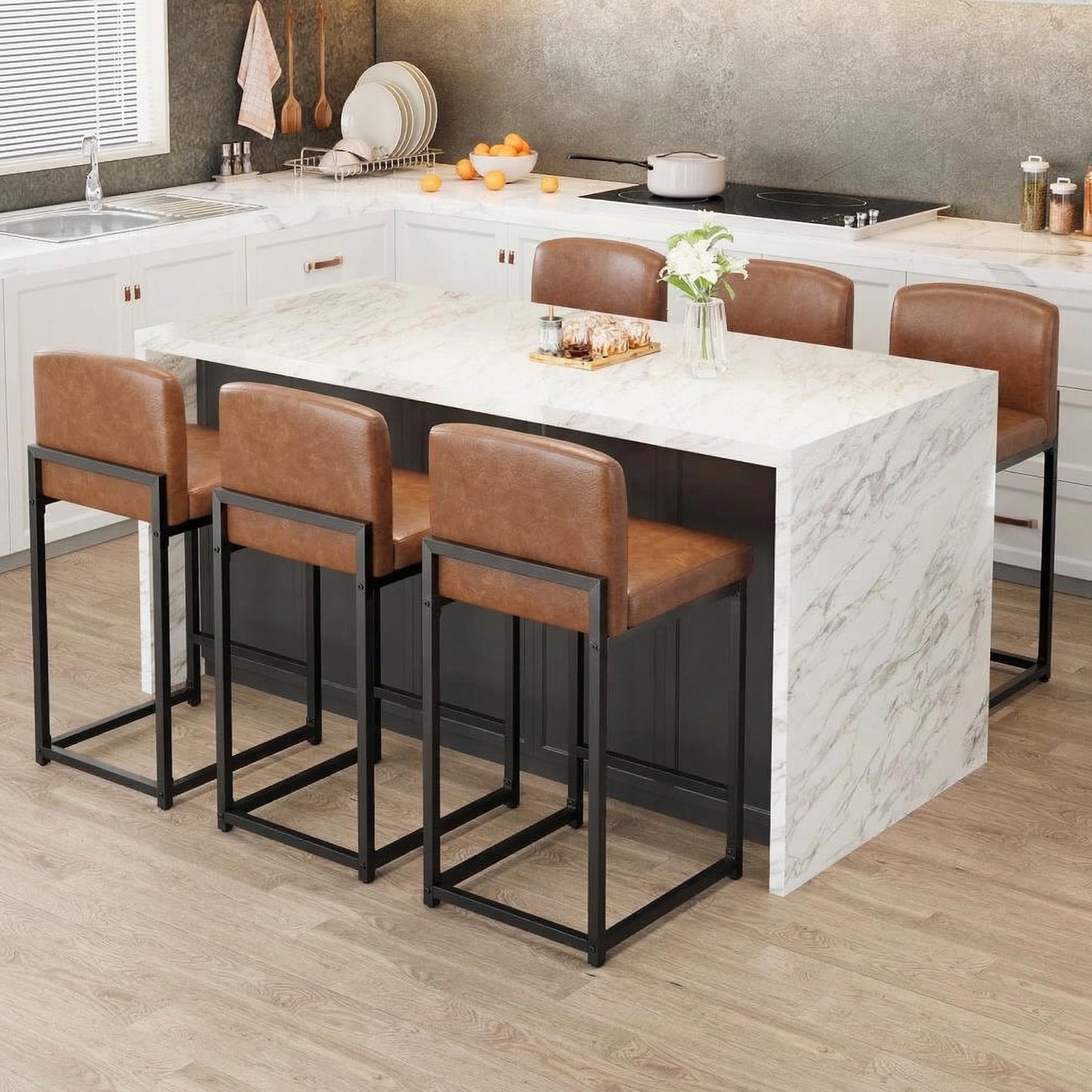 GarveeHome Bar Stools Set of 4, Modern Counter Height Bar Stools with Back and Footrest, Faux Leather Upholstered Barstools Chairs for Kitchen Island Dining Room Bar, Brown