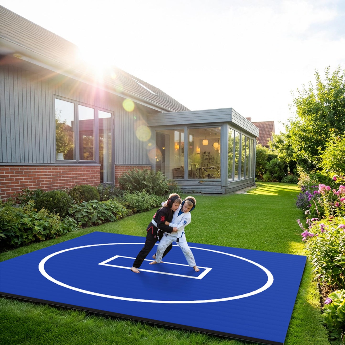 HFPFTS Wrestling Mat for Home, 8’x 8’x 1.25” Wrestling Mat, Safe Wrestling & Play Mat for Kids and Family, Jiu Jitsu, BJJ, MMA, Wrestling Mats, Martial Arts, Tumbling, Easy Clean, Gym Mat, Blue