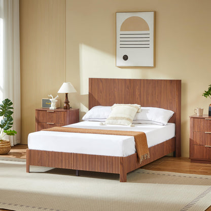 KEIKI Full Size Wooden Bed Frame with Headboard, Modern Platform Bed with Corrugated Curved Lines, No Box Spring Needed, Easy Assembly (Walnut, Full)