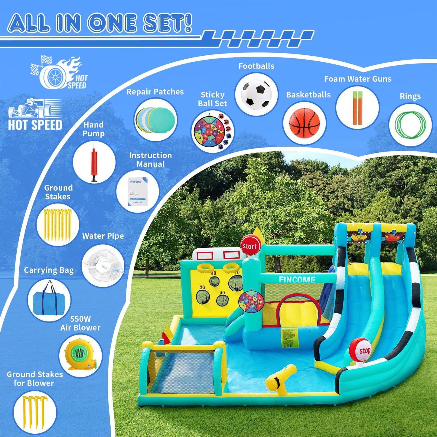 FINCOME Bounce House Double Slides for Kids 3-10, Large Bounce Castle with Air Blower 550W, Pool, Jumping, Climbing, Balls, Ring Toss, Inflatable Water Park for Birthday Party Holiday Outdoor Indoor