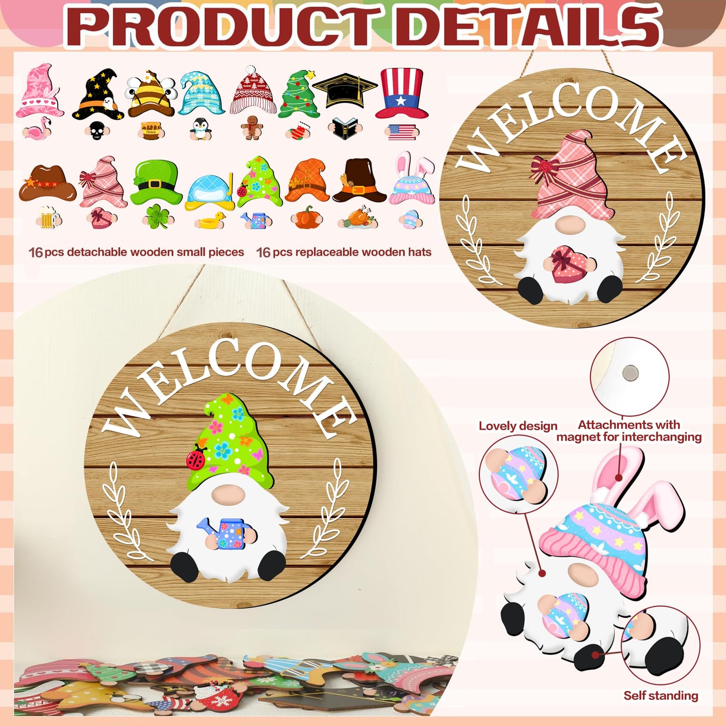 Seasonal Gnome Wall Decor Set, 11.8 inch Autumn Wooden Round Sign with Interchangeable Holiday Hats, Thanksgiving Welcome Door Hanging (Light brown-3)