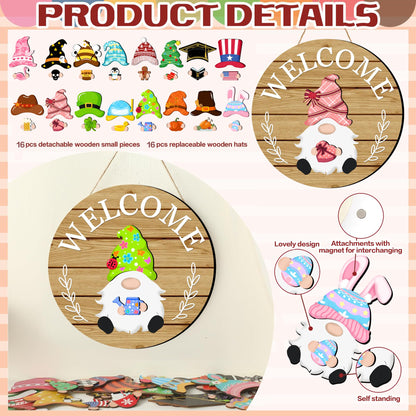 Seasonal Gnome Wall Decor Set, 11.8 inch Autumn Wooden Round Sign with Interchangeable Holiday Hats, Thanksgiving Welcome Door Hanging (Light brown-3)