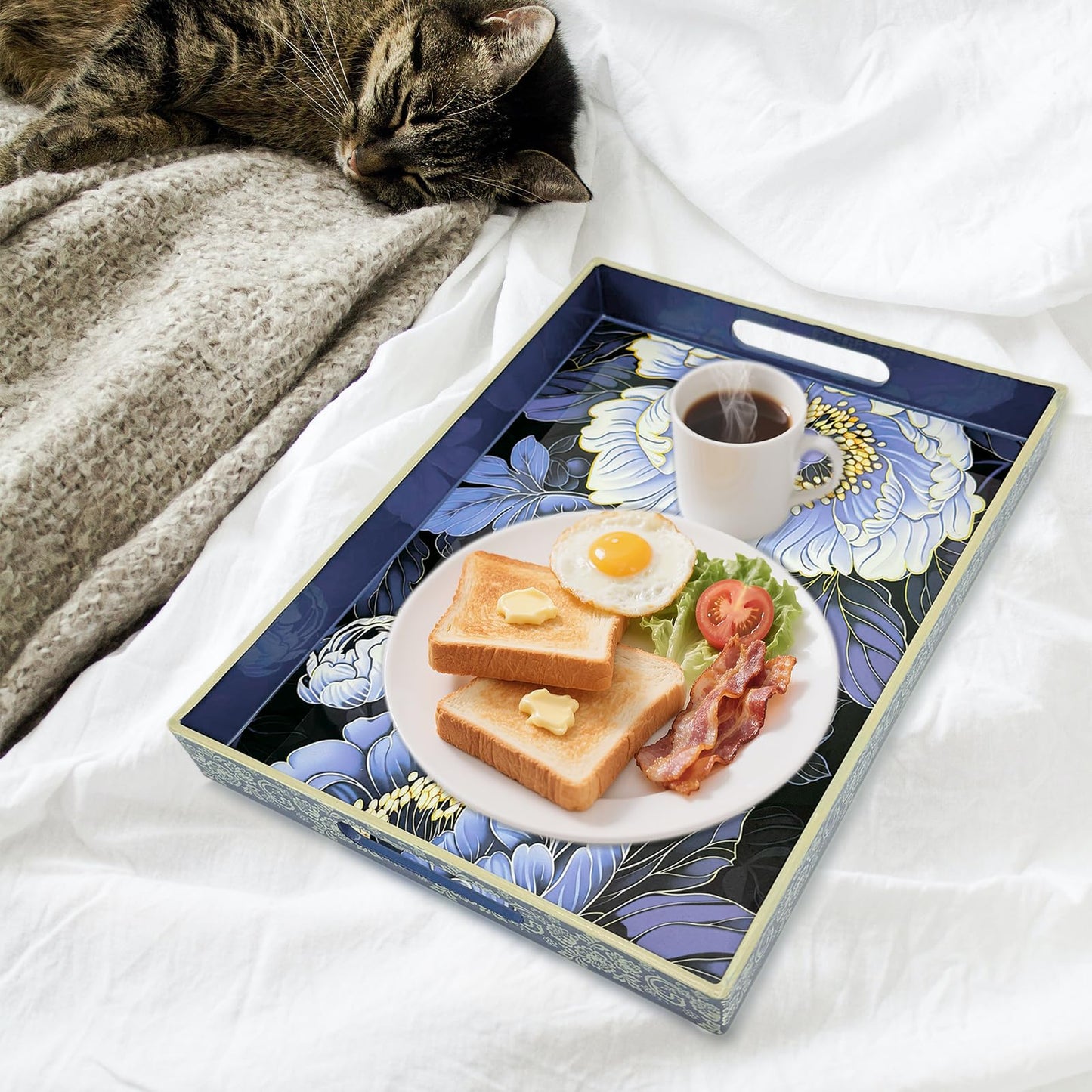 PDUHKO Serving Tray with Handles, 15.7 * 11.8 inches, Plastic Ottoman Tray with Exquisite Paintings, Trays for Coffee Table