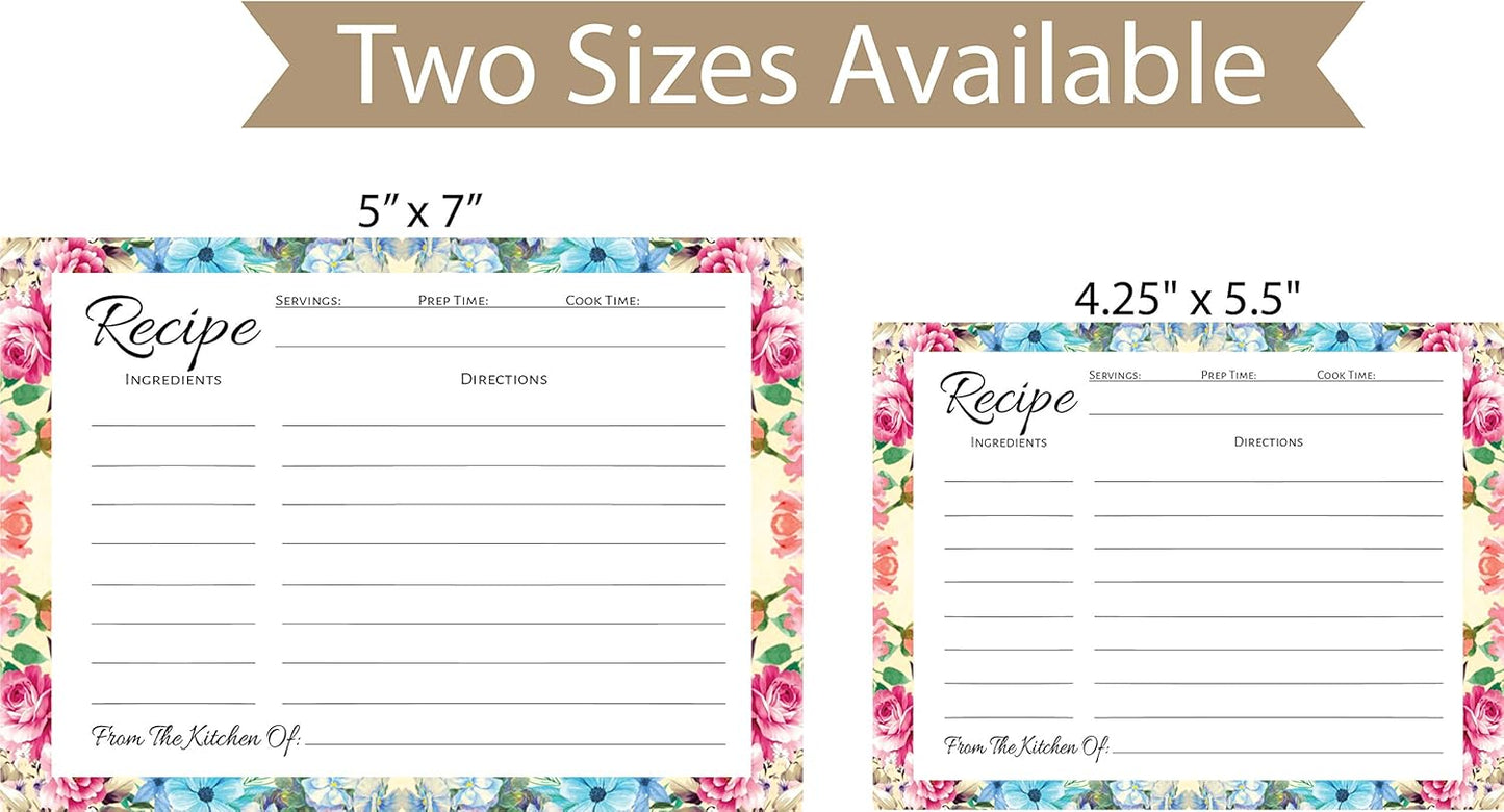 Pioneer Woman Style Floral Recipe Cards (50 Pcs) - Perfect for Bridal Shower, Blank Back Notecards
