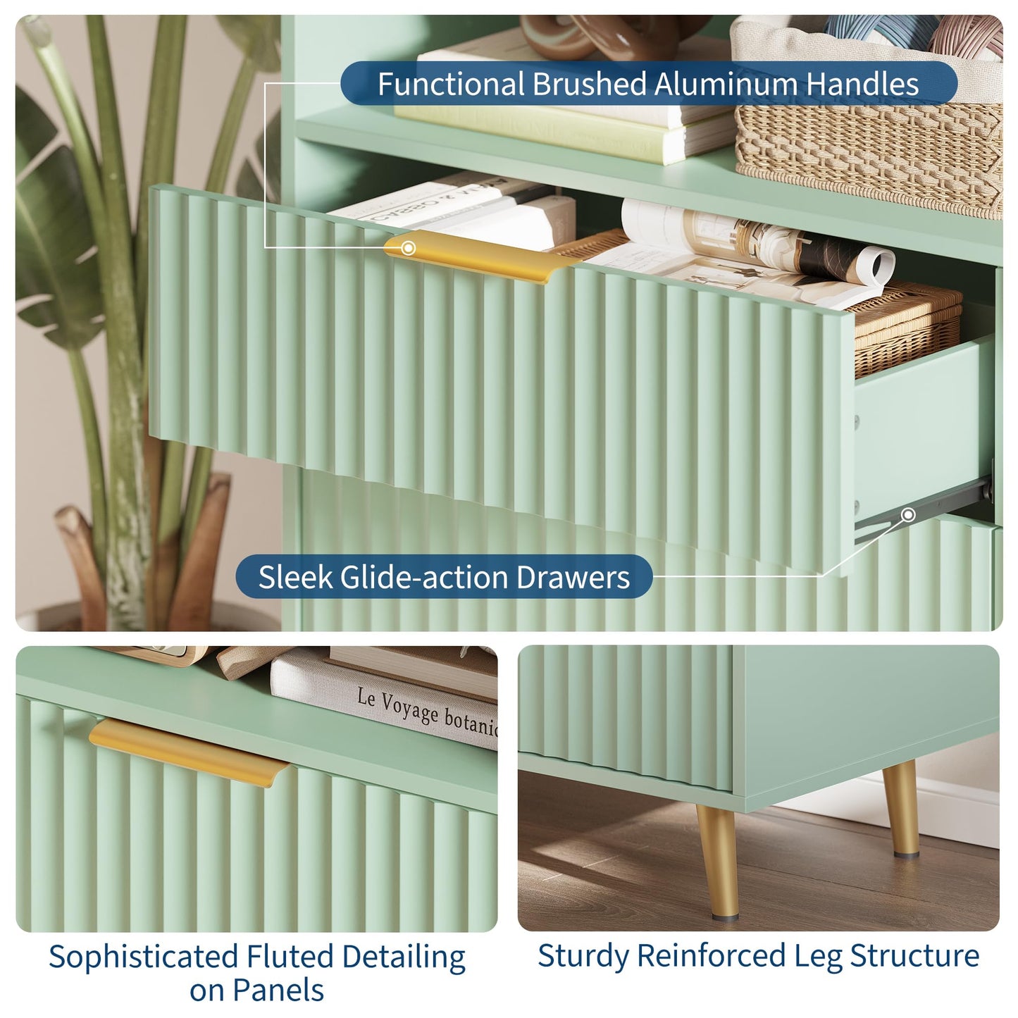 6 Drawers Dresser for Bedroom, 53.9" Wide Dressers with LED Lights and Charging Station, Curved Profile Design, Fluted Wood Drawers with Gold Handle, Modern Chest of Dressers for Living Room, Green