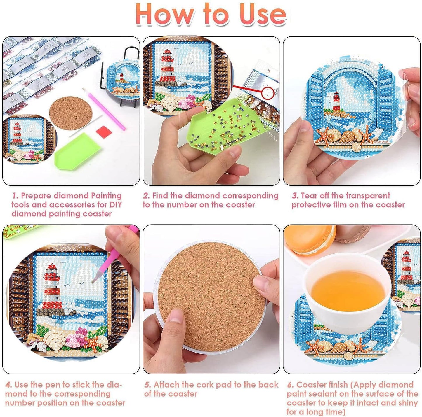 8 PCS Diamond Art Coasters Kits Lighthouse Diamond Painting Coaster Kits Diamond Coasters with Holder Cork Pads Gem Art Dots Paintings Crafts Supplies for Adults Beginners