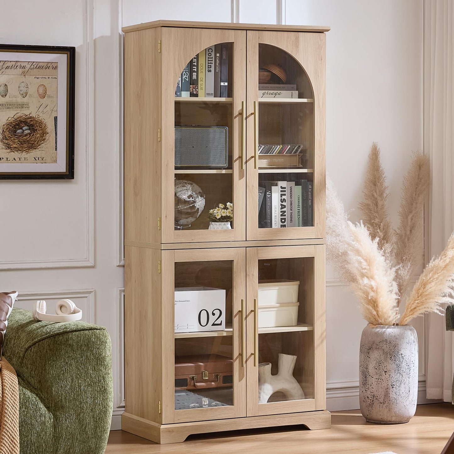 Joaxswe 72" Tall Bookshelf Set of 2, Farmhouse Bookcase with 3-Tier Adjustable Shelves, Modern Living Room Display Cabinet with Glass Doors, Large Storage Cabinet for Home Office,Dining Room, Natural