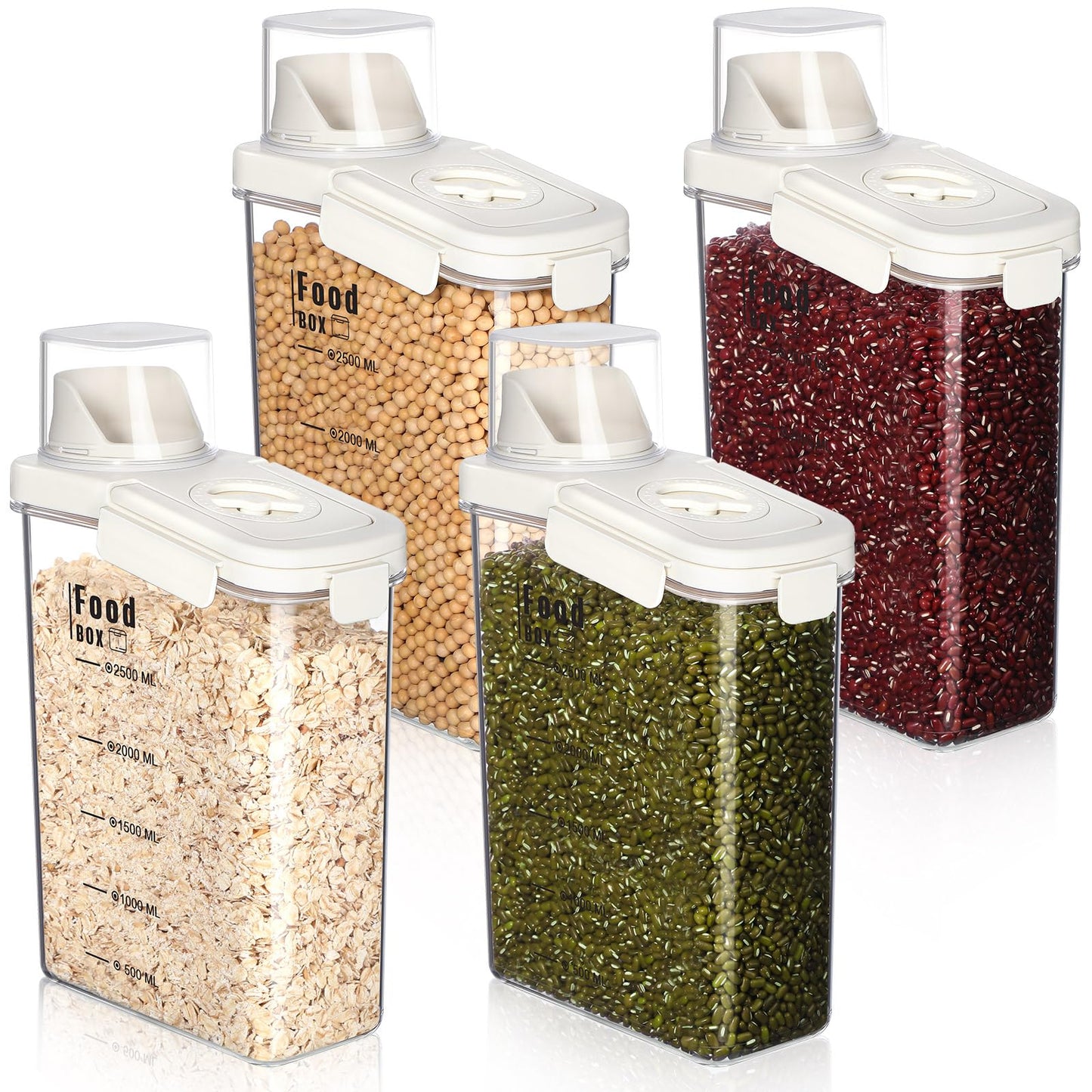 Blushtier 4 PCS Cereal Containers Storage 2.5L Airtight Large Dry Food Containers with Pouring Spout Cereal Storage Dispenser Measuring Cup for Flour and Baking Supplies, White