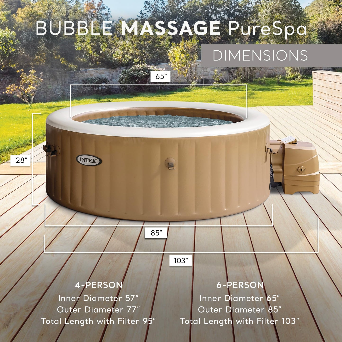 Intex PureSpa 6 Person Bubble Massage Inflatable Hot Tub Spa Set, Sahara Tan - Portable Outdoor Spa Plus Water Heater Pump, Foam Cover, Dispenser Ball