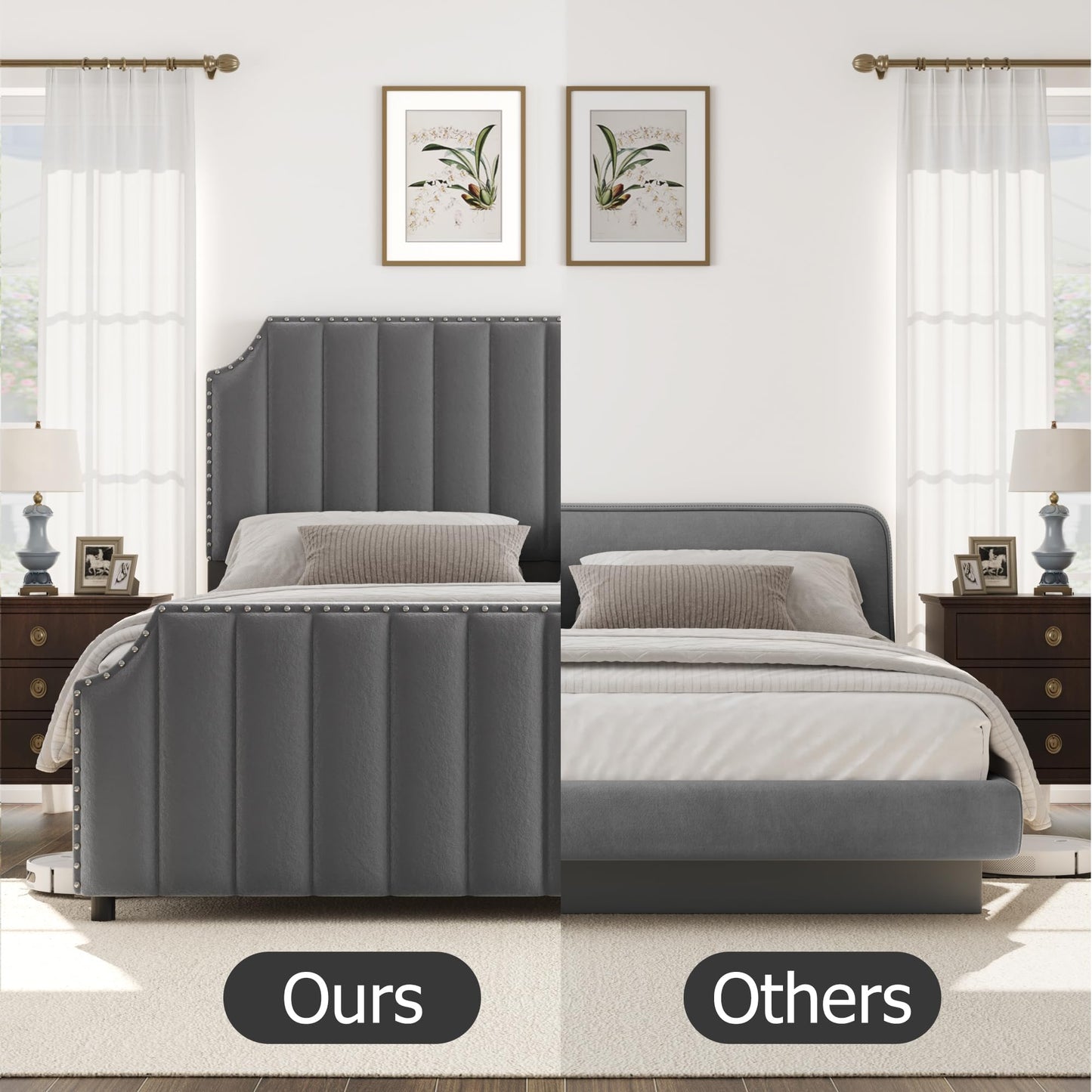GarveeHome King Size Platform Bed Frame with 50.2 in Headboard, Velvet Upholstered Bed Frame King with Vertical Channel Tufted Headboard & Footboard, Nailhead Trim, No Box Spring Needed, Grey