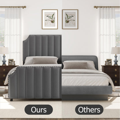 GarveeHome King Size Platform Bed Frame with 50.2 in Headboard, Velvet Upholstered Bed Frame King with Vertical Channel Tufted Headboard & Footboard, Nailhead Trim, No Box Spring Needed, Grey