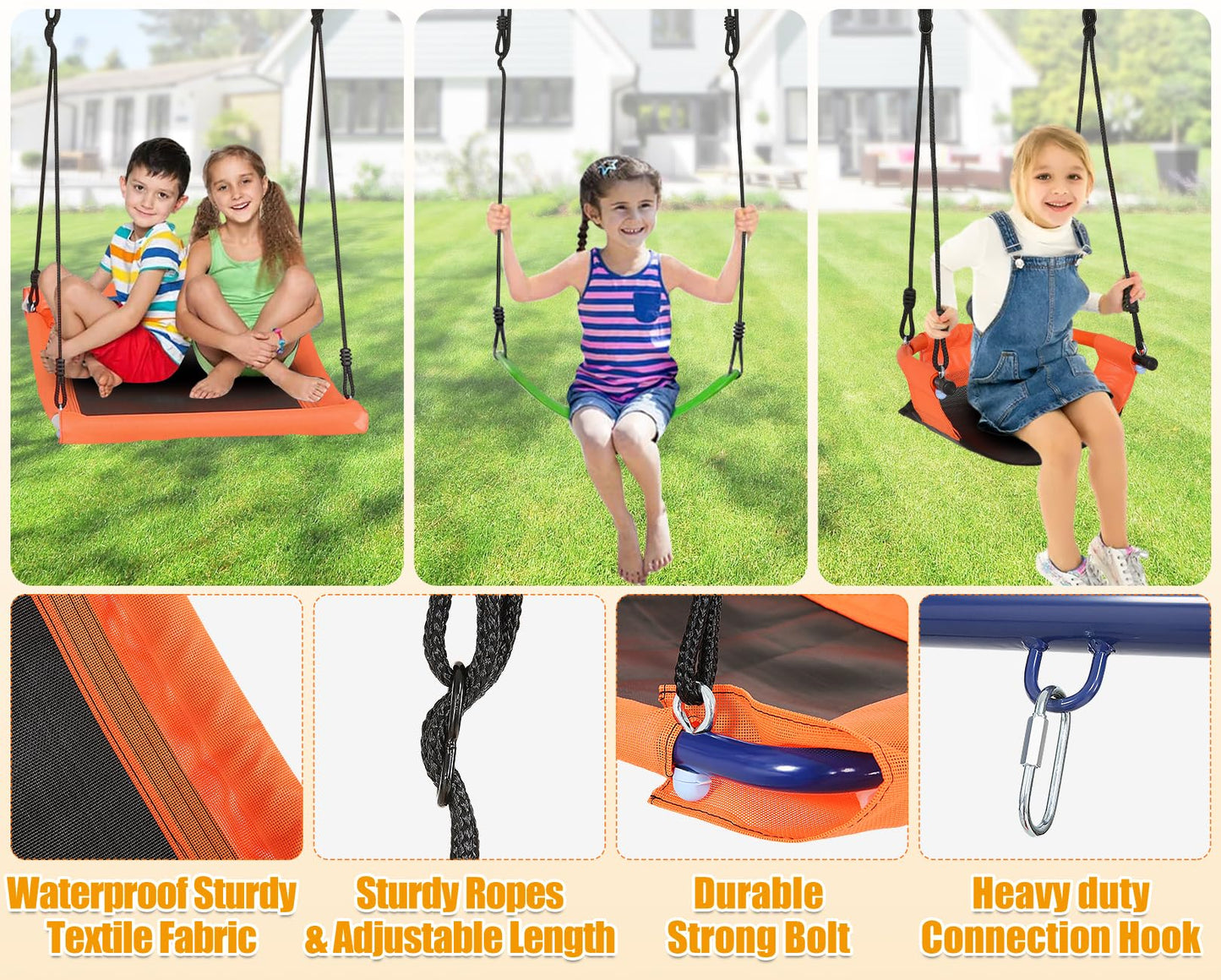 Swing Sets for Backyard 700 lbs - 6 in 1 Multifunction Swing Set Outdoor for Kids Playground, Larger Heavy Duty Metal Swing Stand with 3 Adjustable Swings, Climbing Ladder and Net, Basketball Hoop