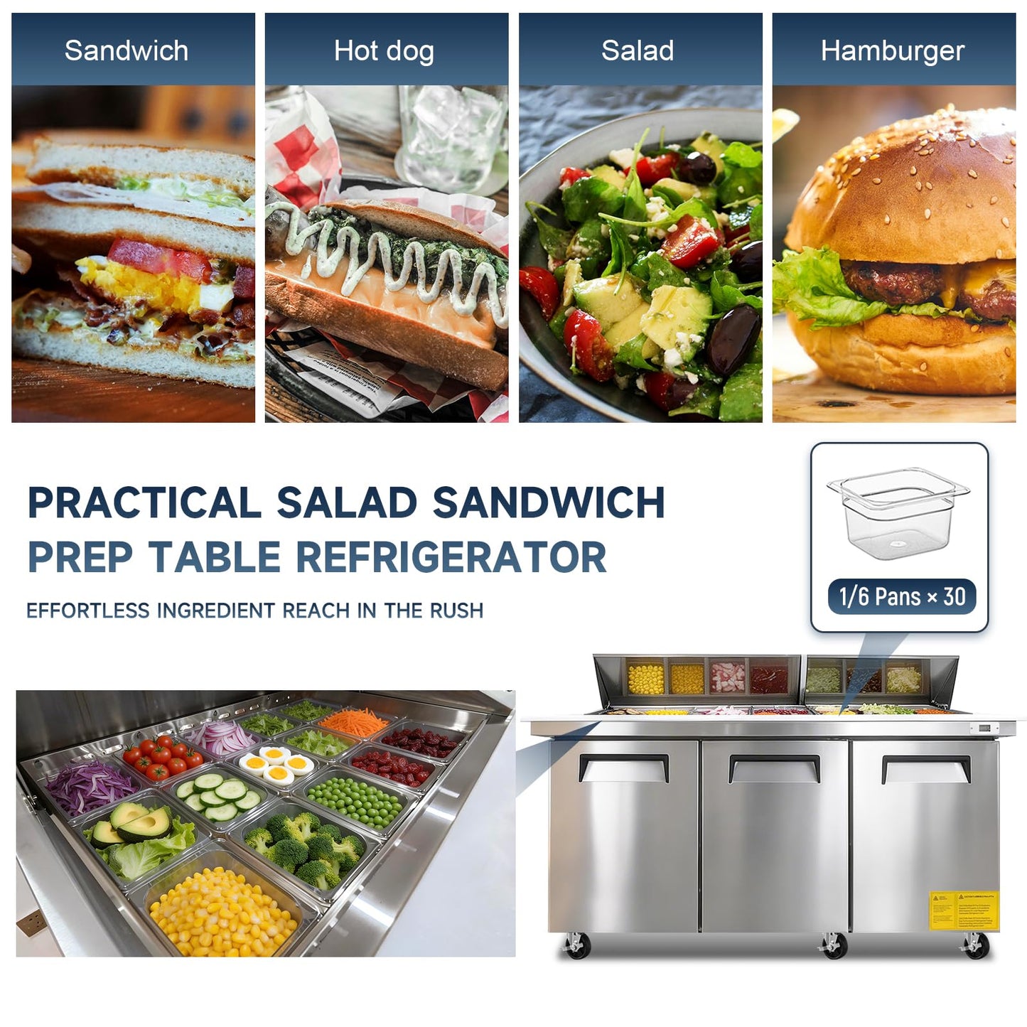 72"W Commercial Sandwich Prep Table Refrigerator - Stainless Steel Door with 30 Pans, 20 Cu.Ft Capacity, Auto Defrost, Digital Temperature Control for Restaurants, Delis, Catering & Convenience Stores